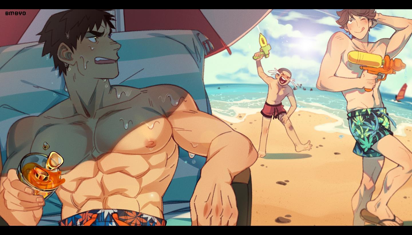 he image is a digital illustration or fanart depicting a beach scene with three animestyled male characters. one muscular man is prominently featured in the foreground, relaxing on a beach chair, seemingly enjoying a drink. he has a muscular physique, tanned skin, and is shirtless, wearing only swim trunks. another man is playfully engaged in a water gun fight with a smaller boy on the beach, both shirtless and showing a more leaner build. the art style is vibrant, with soft colors and a focus on the characters' expressive features and body language, conveying a carefree summer atmosphere. the background features a sunny beach, ocean waves, and a hint of a beach umbrella.