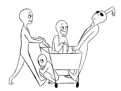 the image is a black and white line art drawing of four friends having fun with a shopping cart. one friend is pushing the cart, another is riding inside, one is clinging to the front, and the last one is hanging off the side. the style is simplistic and cartoonlike, ideal for being used as a drawing base or reference.