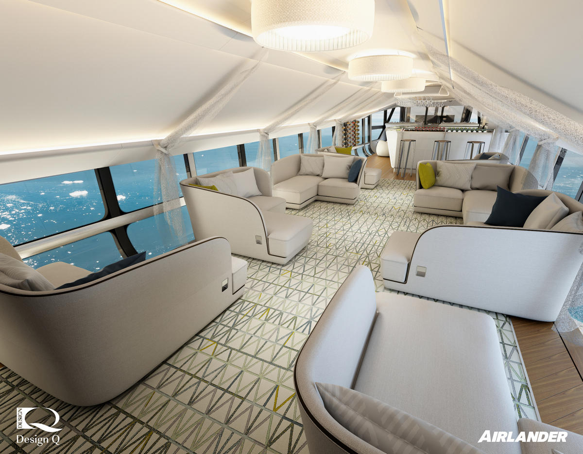 this image showcases the luxurious interior of an airlander aircraft. the cabin is spacious and features white and grey color scheme, a modern design, and a carpet with a geometric pattern.  the interior includes white sofas with a curvy design, an array of windows offering views of the sky and clouds, and intricate lighting fixtures.  the image highlights the comfort, elegance, and futuristic design of the airlander, creating a sense of opulent travel experience.