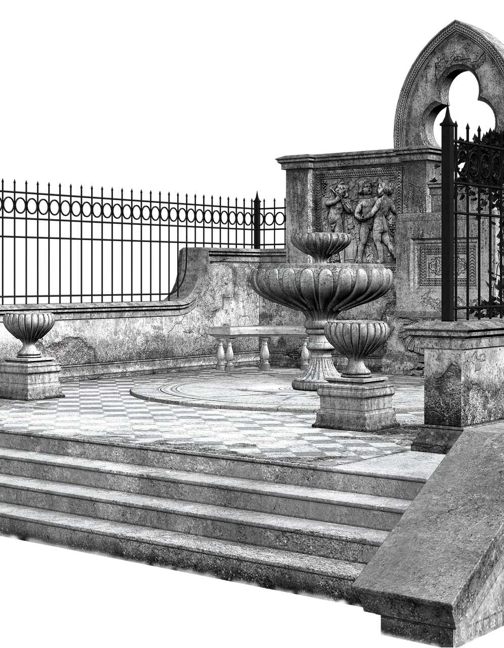a black and white image depicts a stone fountain surrounded by architectural elements such as stairs, a balustrade, and a sculpted monument. the scene is set in what appears to be a garden or courtyard, with a checkerboardpatterned floor adding to the visual interest. the overall tone is reminiscent of classical art or a historical site.