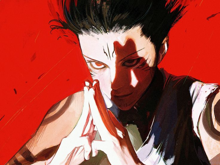 a digital illustration of an anime/manga male character with black hair and red eyes. he is looking at the camera with a serious expression. his hands are clasped together in front of him. the character is drawn in a dynamic and energetic style. the background is red.