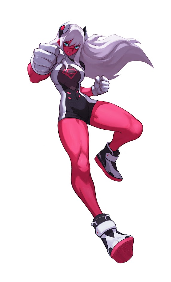 this image is a digital illustration of a female anime superhero character. she has white hair, pink and black suit, and white shoes with pink accent. she is in a fighting pose with her right hand out, ready to punch. she is wearing gloves and a mask, and she has an intense expression on her face. the background is white.
