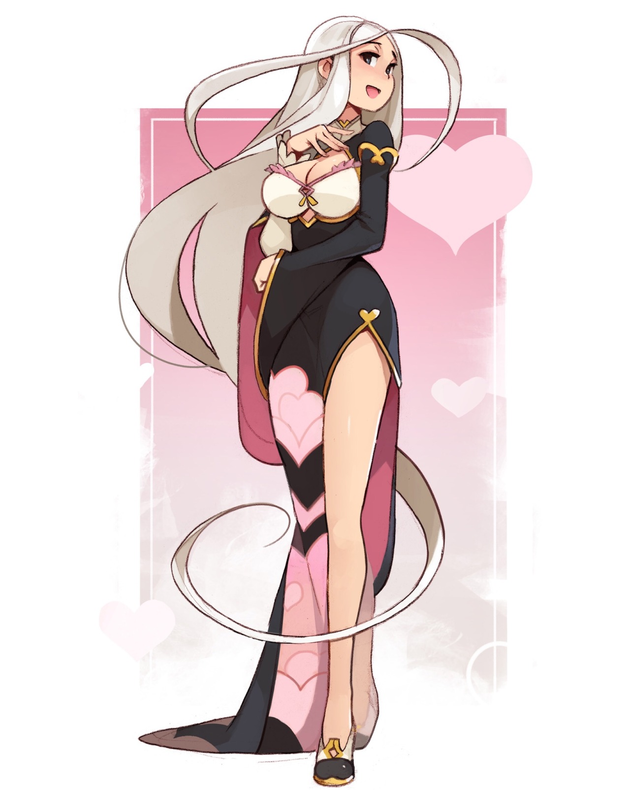 a fullbody illustration of a beautiful, elegant woman. she has long, flowing white hair and is wearing a pink and black dress with a thighhigh slit. the dress is adorned with hearts. the background is a soft pink color with white hearts floating around.