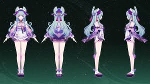 the image shows a character design sheet for an anime girl. there are four views: front, back, side, and a slightly angled side. she has pale blue hair styled with curls and a catear headband. she is wearing a pink and purple outfit that resembles a short, frilly kimonoinspired dress. her legs are long and slender, and she has light skin. the background is a dark green with some faint patterns.