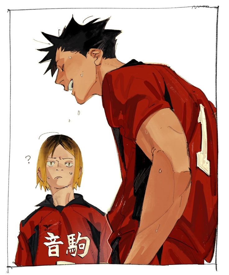 the image is a digital fanart depicting two characters, tobio kageyama and oikawa tooru, from the popular anime and manga series haikyuu!!. kageyama is taller, wearing a red karasuno high school jersey (number 1 partially visible) and appears sweaty, looking down with a slight smirk. oikawa is shorter and wearing a red aoba johsai high school jersey, looking somewhat confused or unimpressed. their expressions and positioning suggest a playful or tense interaction between them. the art style is semirealistic with a focus on dynamic lines and expressive characters. the background is simple and mostly white, keeping the focus on the characters. the style is reminiscent of contemporary anime/manga fanart.