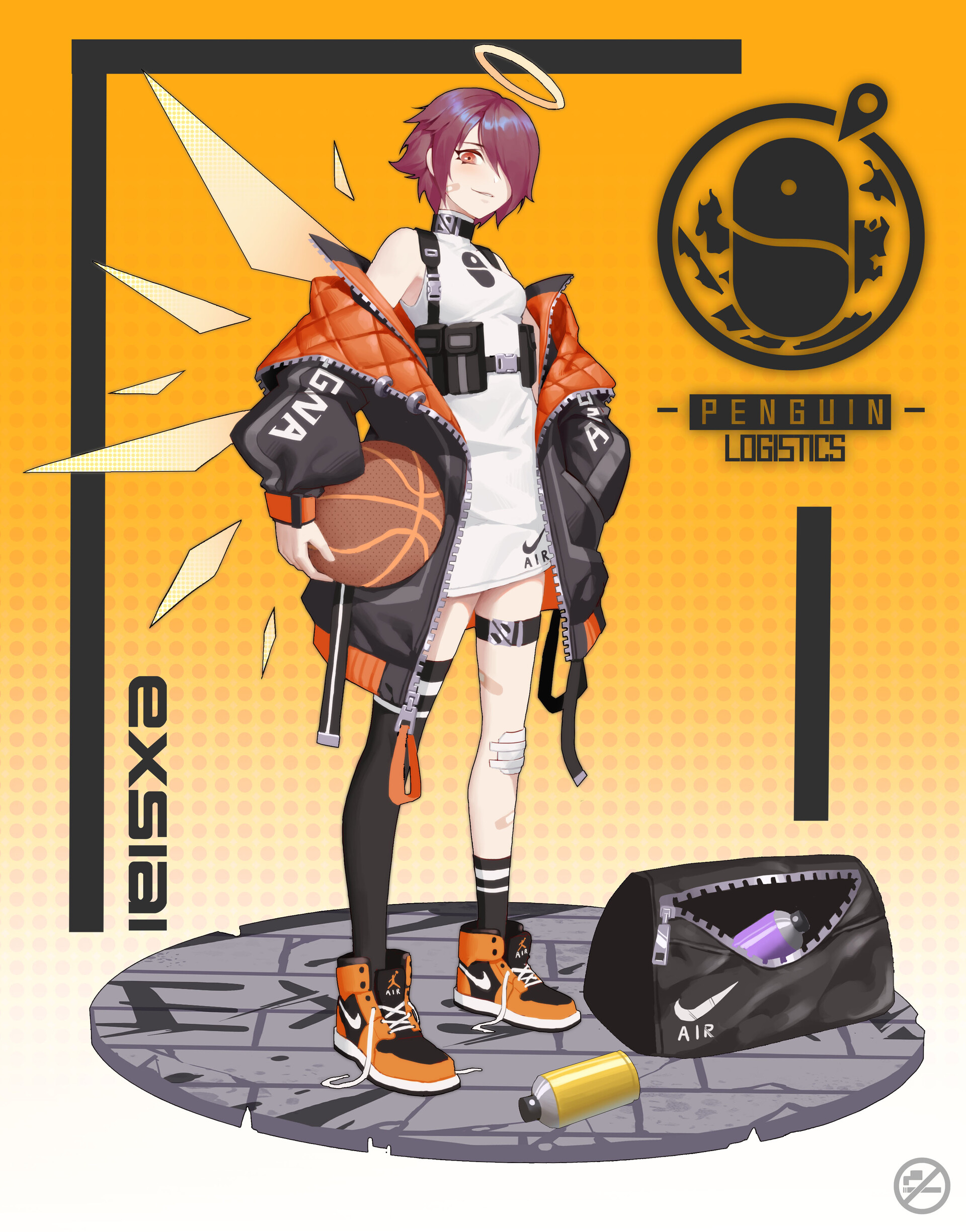 an animestyle character stands on a grey cracked surface. she has short, darkred hair, pale skin, and wears a sleeveless white top with black straps, a black and orange jacket, and orange and black sneakers. she holds a basketball. above her head is a halo, and she has what appears to be a wound on her knee. beside her is a black nike air backpack with an open zipper revealing a purple object inside, and a yellow spray can is lying on the ground. behind her is an orange background with the words "exosai" in black, and the penguin logistics logo. the character's jacket says "gna" on the sleeves.