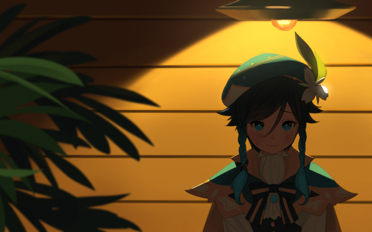 an animestyle illustration of venti, a character from the video game genshin impact, standing outside at night. the scene is lit by a single, warm lamp above her head, casting a soft glow on her face and outfit. she stands against a backdrop of yellow wooden planks with lush green leaves in the foreground, creating a sense of depth and perspective.