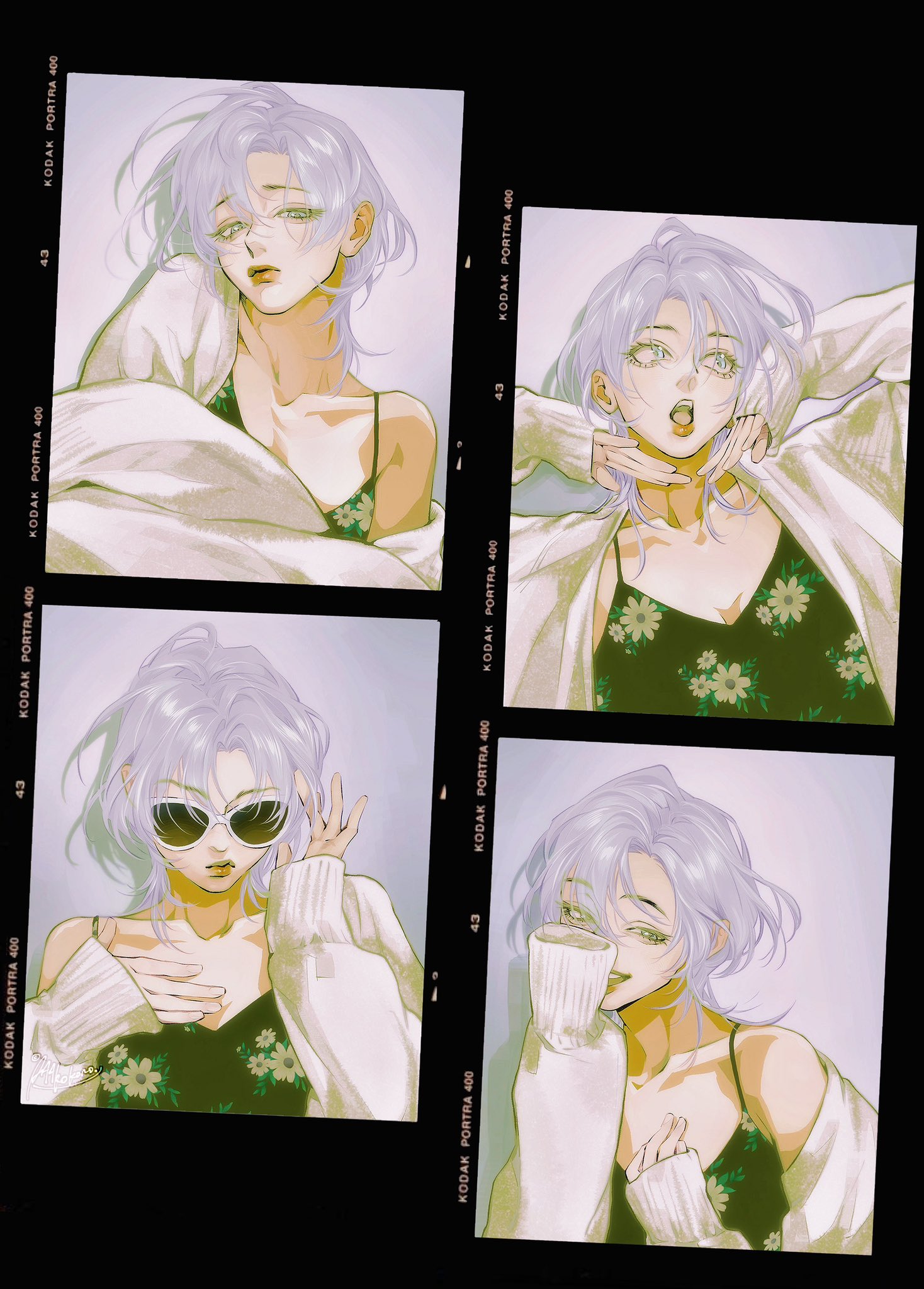 the image is a digital art collage of a woman with short, white hair styled in different poses. she is wearing a variety of stylish outfits. each image gives the effect of a printed photograph.