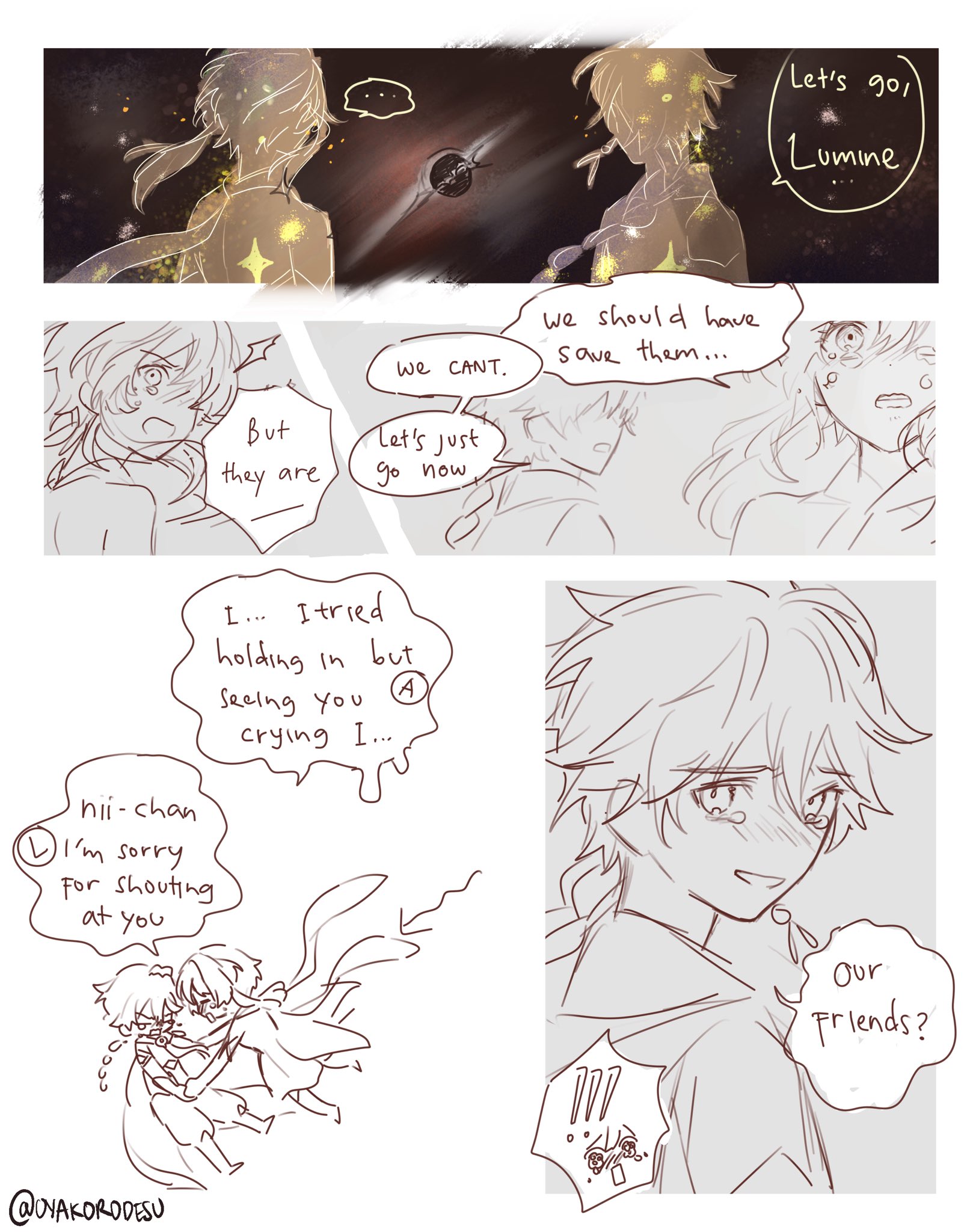 this is a comicstyle drawing of a group of anime characters in a dialogue. the dialogue is set in a fantasy world with a focus on the characters' journey and emotional state. the first panel shows the characters looking at a starry sky, suggesting they are traveling. the second panel shows the characters talking about the need to help others while also acknowledging their own limitations. the third panel shows the characters comforting each other, expressing sadness and concern for their friends who have been lost. the last panel shows the character crying and asking about their friends, implying that they are worried about their wellbeing.