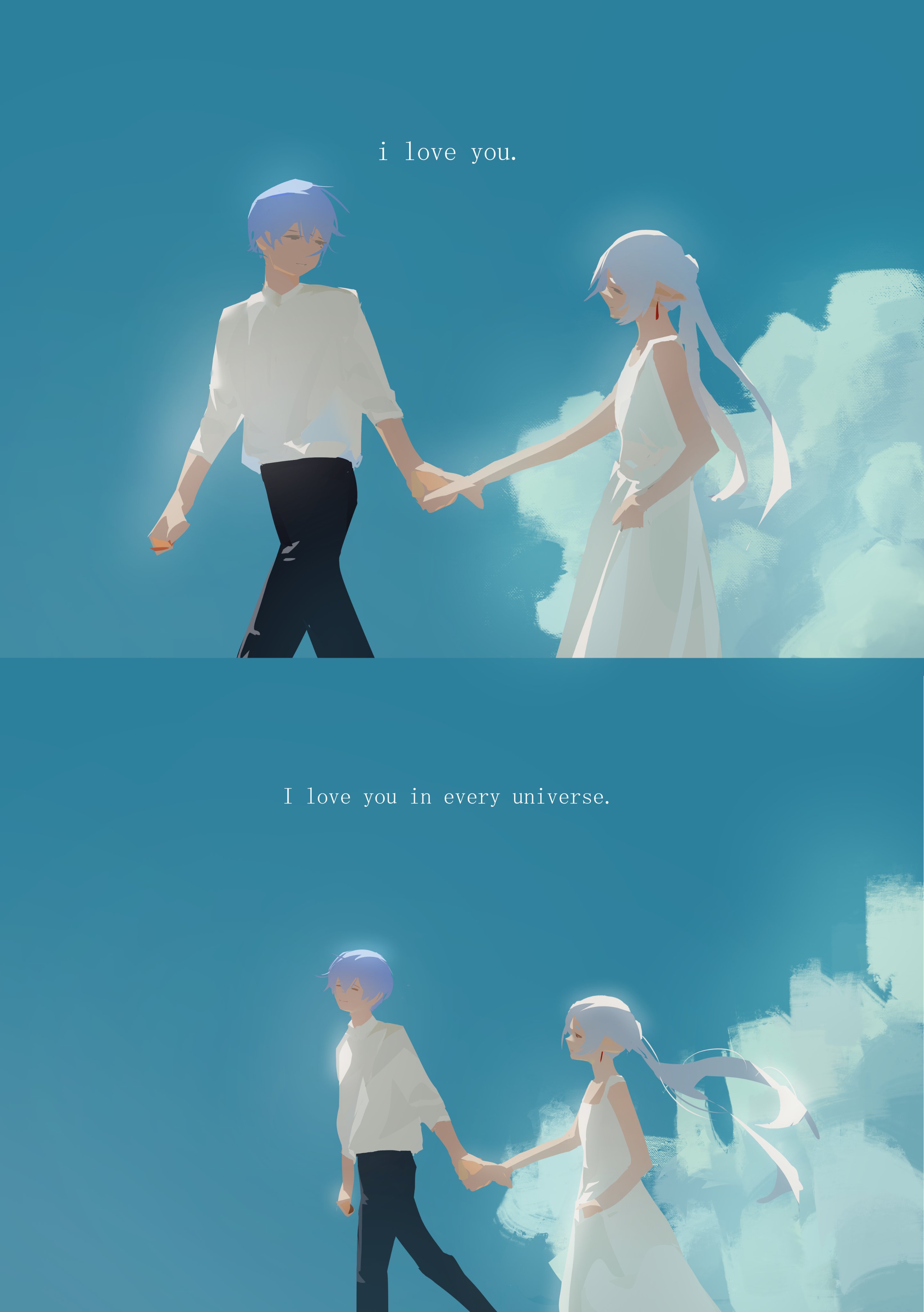 the image is a stylized digital painting or illustration depicting two animestyle characters, a boy and a girl, holding hands and walking across a bright, cloudfilled sky. the art style is minimalist and uses soft, pastel colors.  the boy has blue hair and the girl has white hair. they are dressed in simple, white clothing. the text "i love you." appears in the top panel, and "i love you in every universe." in the bottom panel. the overall mood is one of gentle romance and ethereal beauty. the two panels likely depict the same couple in different universes, representing the enduring nature of their love.