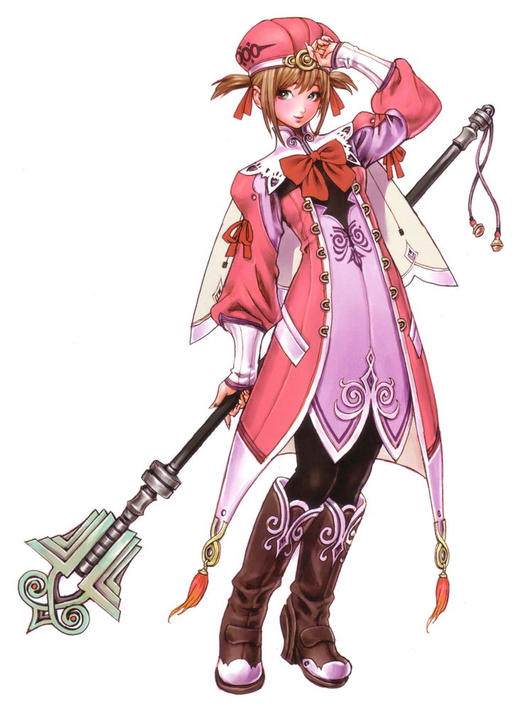 the image is a digital painting or illustration of a female anime character. she has light brown hair styled in pigtails, and is wearing a pink and purple outfit with a hat. the outfit is elaborate with details such as a bow and ornate buttons.  she is holding a long staff or magical weapon. the art style is reminiscent of character designs found in video games, particularly roleplaying games (rpgs). the character is depicted in a standing pose, her expression is pleasant and slightly demure.  the background is plain white, focusing attention on the character and her design.