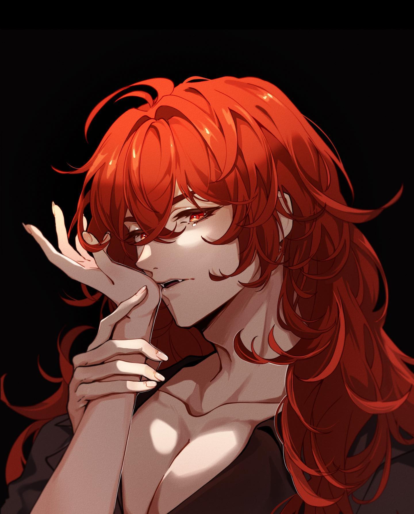 the image is a digital illustration or artwork depicting an animestyle male character. he possesses long, flowing vibrant red hair styled in loose, wavy curls. his eyes are a matching intense red, and his expression is sultry and somewhat mysterious, with his hand gently caressing his wrist. the character has a pale complexion and androgynous features, with a hint of sensuality in the pose and expression. he wears dark clothing, barely visible against the dark background, which draws focus to his hair and skin.  the lighting emphasizes his features, highlighting the texture of his hair and the subtle shading of his skin. the overall style leans towards a blend of elegance and mystery.
