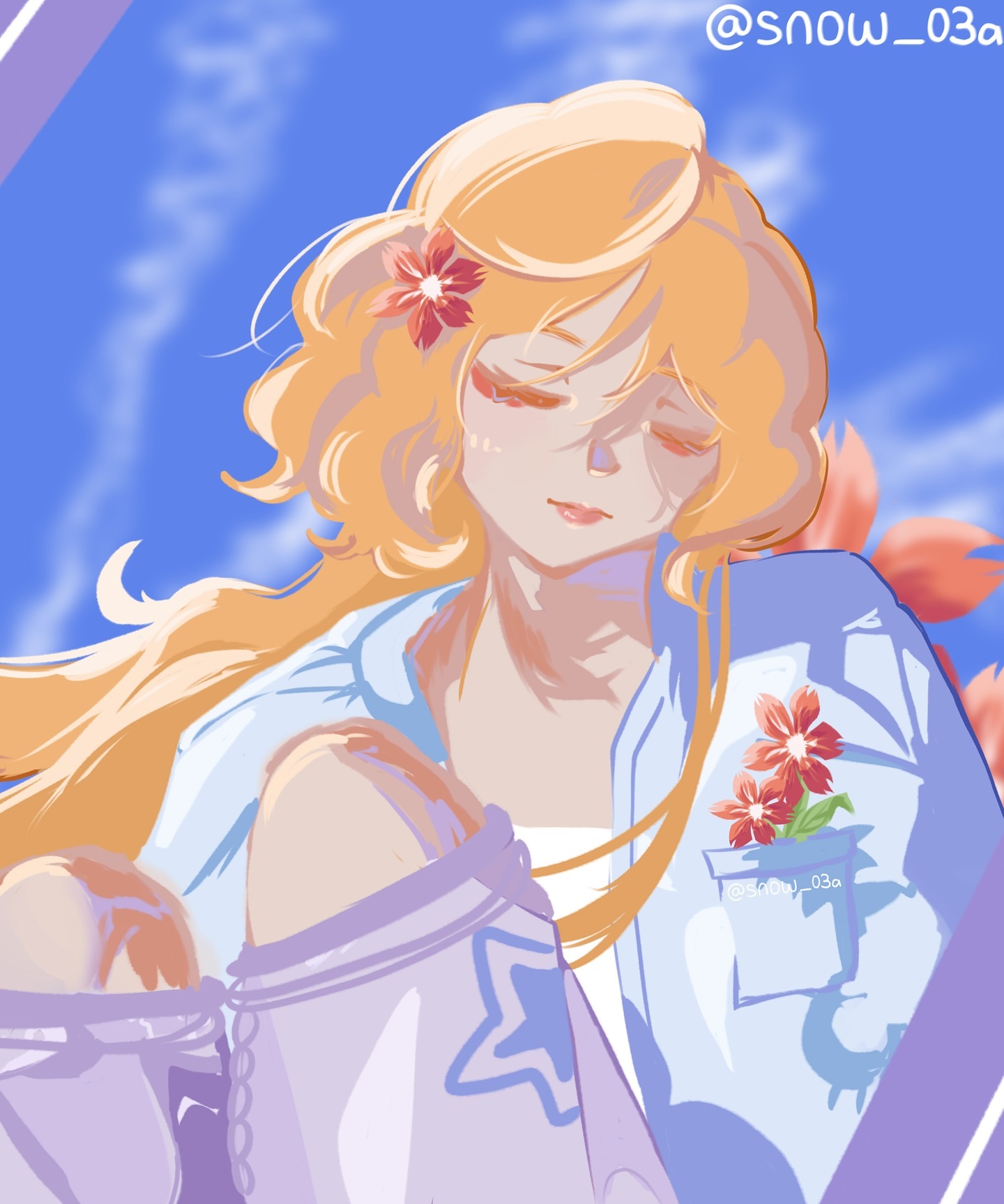 the image is a digital illustration of an animestyle girl with long, blonde hair. she's depicted sitting, seemingly relaxed and peaceful, with her eyes closed. she's wearing a light blue, loosefitting shirt and pastelpurple pants/leggings.  flowers adorn her hair and the pocket of her shirt. the background is a soft, pastel blue sky with wispy clouds, contributing to the overall serene and whimsical mood. the art style is characterized by soft, blended colors and a gentle, almost dreamlike quality. the artist's tag, @snow_03a, is visible in the upper right corner.