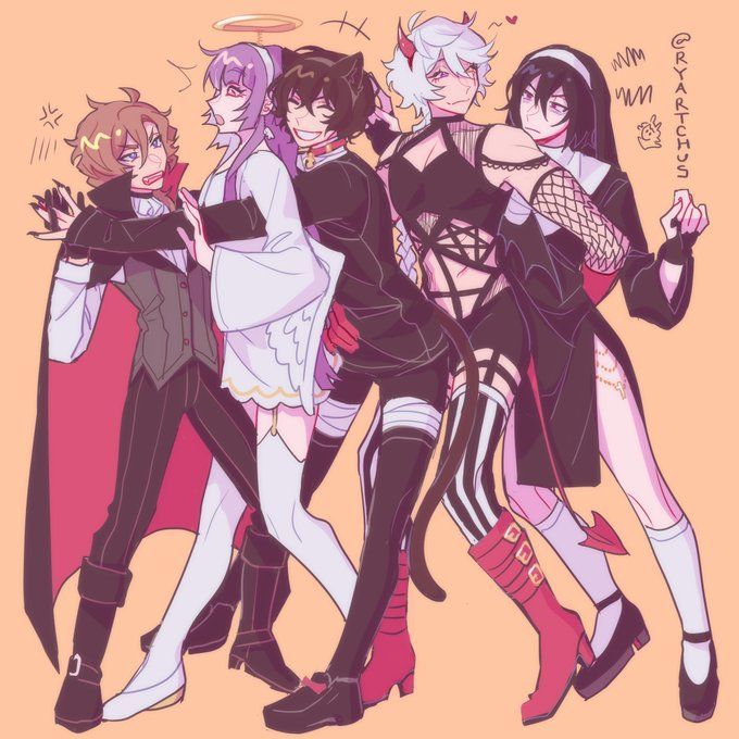 he image is a vibrant and stylish illustration of five animestyle characters in various halloween costumes.  they are tightly grouped together, interacting playfully.  the characters are dressed as a vampire, an angel, a devil, a cat, and a nun, each with distinctive features and accessories that reflect their chosen costume.  the art style is cute and slightly exaggerated, with bold colors and linework. the overall atmosphere is fun and festive, suggesting a halloween gathering or celebration. the background is a simple, pale orange.