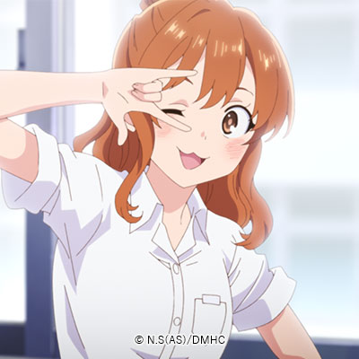 the image features a cheerful anime girl with bright orange hair and brown eyes. she is wearing a white buttonup shirt and giving a peace sign with a playful wink and blush. the background is a pale blue color.  the image has a soft lighting and is a closeup portrait.