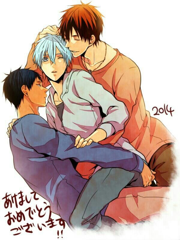 the image is a piece of fanart depicting three characters from the anime and manga series kuroko no basuke.  it shows kuroko tetsuya (light blue hair) being embraced from behind by both kagami taiga (orangebrown hair) and aomine daiki (darker hair).  the scene is intimate and affectionate, suggesting a romantic relationship between the characters (yaoi). the art style is reminiscent of manga and anime, with soft coloring and a focus on the characters' expressions and interactions.  the year "2014" is written in the upper right corner, likely indicating when the artwork was created. japanese text is also present at the bottom, possibly a message or artist signature. the overall mood is tender and sensual.