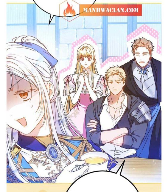 a comic panel depicting four elegantly dressed characters gathered in what seems to be a dining setting. the focus is on the expressions and reactions of the characters, hinting at a moment of tension or intrigue. the art style suggests a fantasy romance or historical drama genre. the use of bright colors and detailed clothing implies a setting of wealth and status.