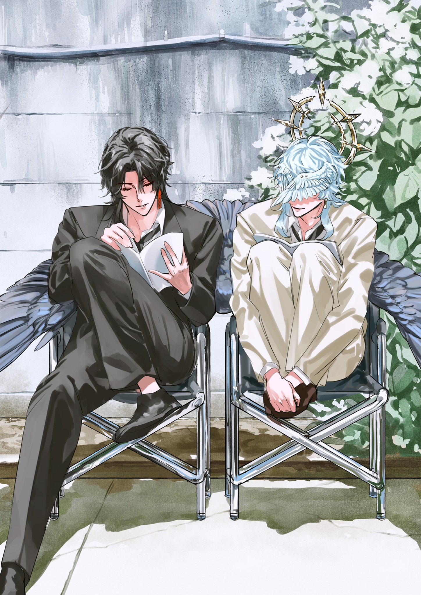 two anime boys sitting on folding chairs. one is wearing a black suit and has black hair, the other is wearing a white suit and has blue hair and a halo with large wings. the boy in black is reading a book. there is a green plant behind them and a concrete wall in the background.