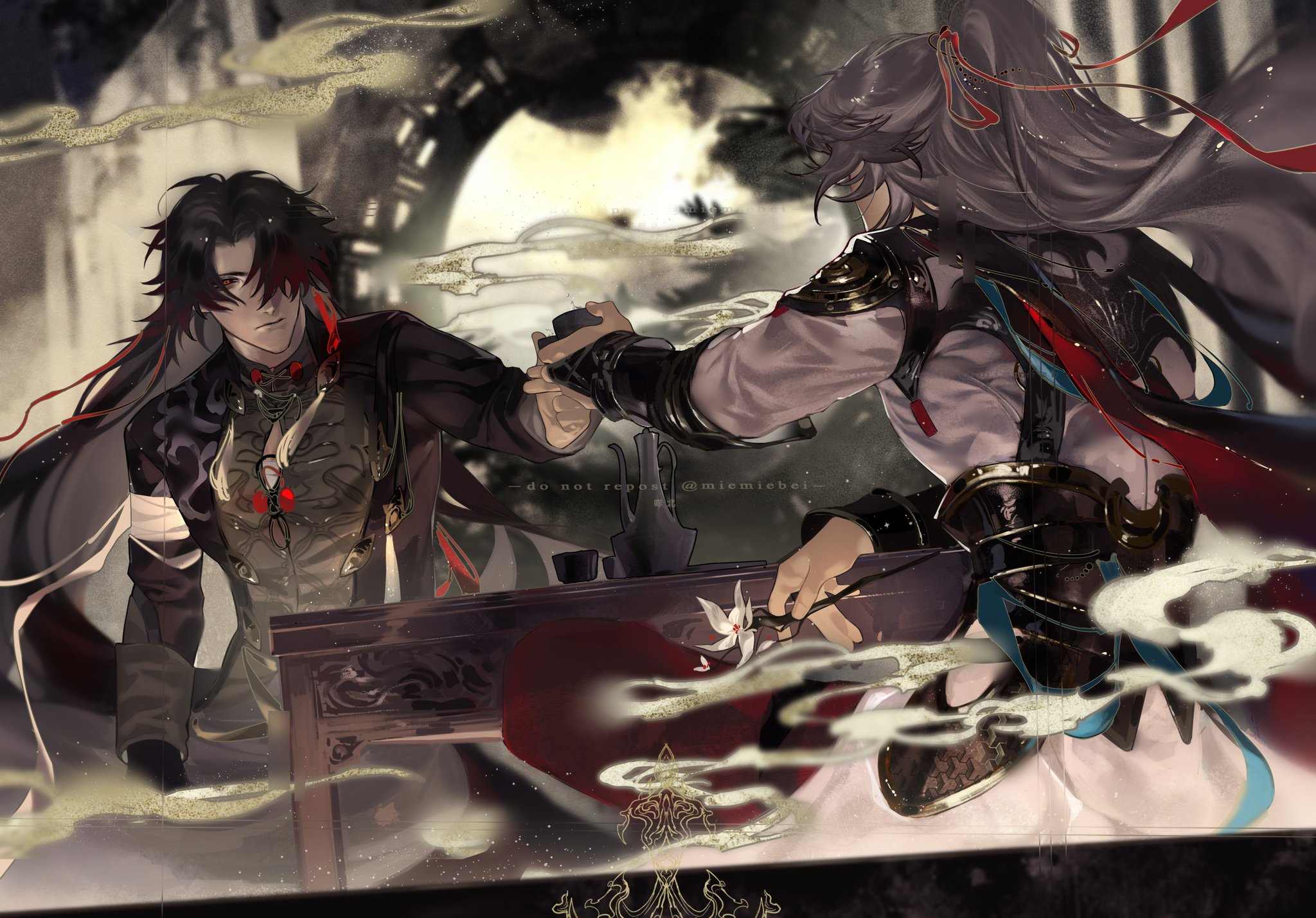 this is a digital artwork, depicting two male anime characters dressed in traditional chinese clothing. they are in the middle of a tea ceremony, as one pours tea for the other. there is a teapot and tea cups on a table in front of them.  one character is holding a sword on his back, while the other has a sword on his hip. there is a blurry background of an outdoor setting with a moon visible.