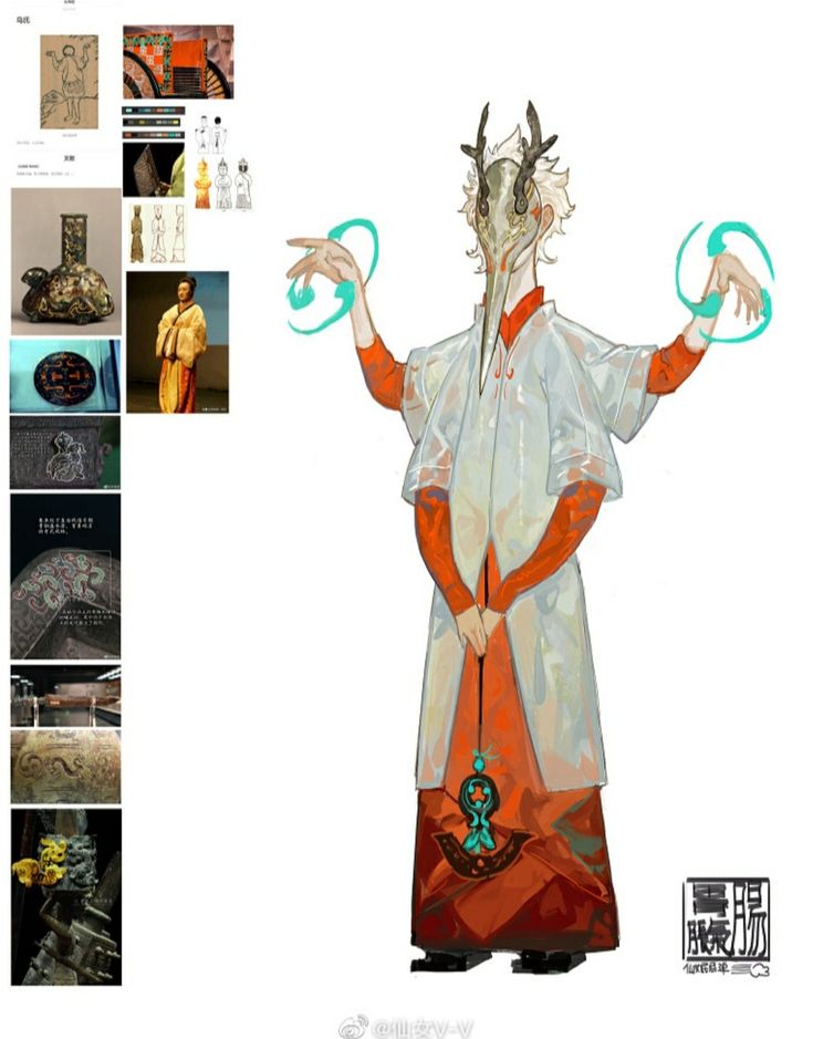 this is an illustration of a figure with a bird mask and antlers. it is an anthropomorphic design with a humanoid form and a bird head, with the bird head having a long, curved beak. the figure is wearing an orange robe that seems to be inspired by chinese traditional clothing, it is holding a long staff with a large turquoise ornament at the end, its hands are raised and there are glowing teal circles around them, suggesting magic or power. the overall style is cartoonish, stylized, and has a whimsical feel. the background is white with an additional section of smaller images to the left of the figure, which includes various details and elements that likely served as inspiration for the figure and the design, such as traditional chinese masks and ornaments. it is an illustrative digital painting.