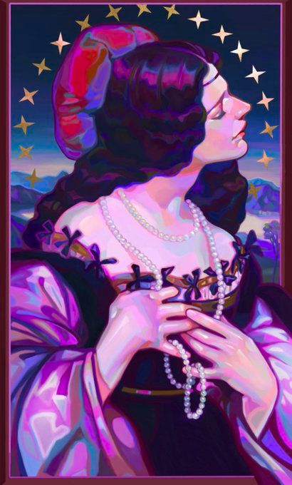 the image is a digital painting or illustration of a woman, possibly inspired by renaissance or medieval art styles. she is depicted from the chest up, wearing a dark purple or black dress with puffed sleeves and a light purple robe or shawl. the dress has decorative black bows or ribbons.  she has dark hair styled in waves and wears a red bonnetlike head covering.  a double strand of pearls adorns her neck and rests on her chest, her hands gently touching the necklaces. the background is a dark purplishblue night sky filled with golden stars arranged in a circular pattern.  the style is highly stylized, with vibrant, almost iridescent colors, giving the piece a dreamy, ethereal quality. the overall mood is serene and mystical. the woman's expression is peaceful and contemplative.