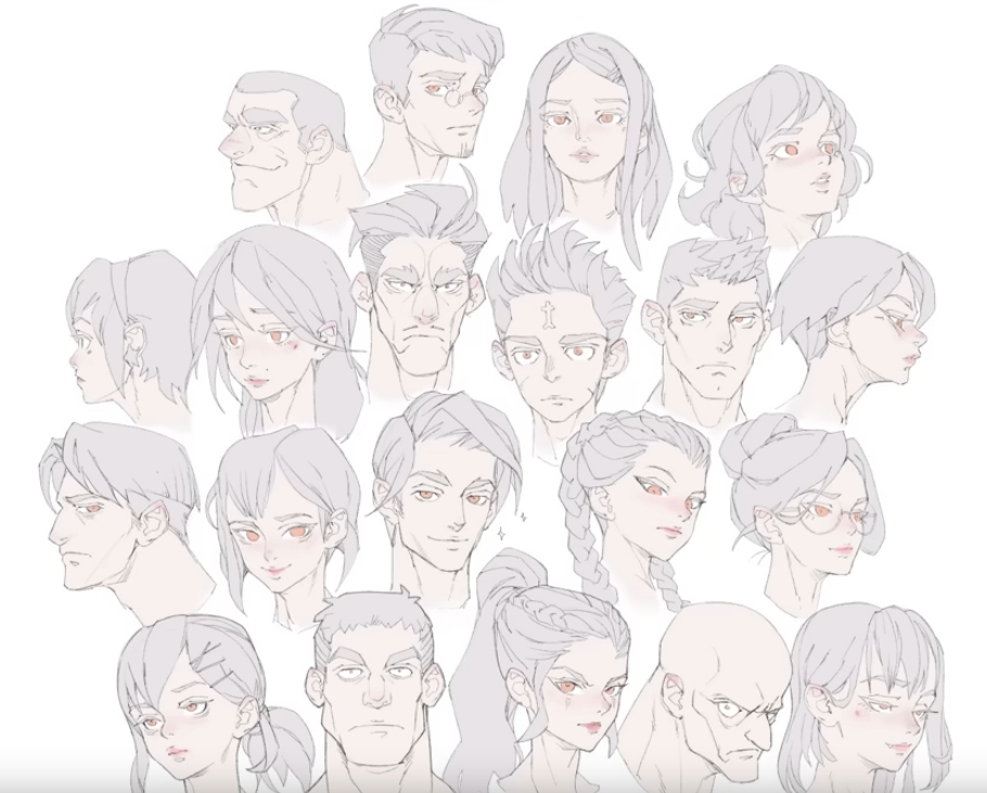 the image is a digital sketch page of 20 different character faces. all characters are shown from the shoulders up and are facing forward.  the image appears to be a practice piece for drawing different faces and head shapes.  the art style is line art with minimal shading.