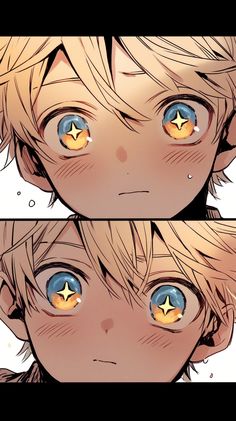 the image is a mangastyle illustration of a young boy with blonde hair and sparkling blue eyes. he has a soft, innocent expression with a slight blush on his cheeks. the lighting is soft and the overall tone of the image is warm and inviting. the illustration is a closeup, focusing on the boy's face and upper torso.