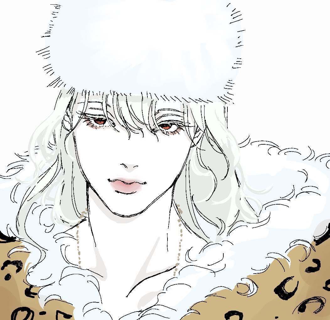 the image is a stylized portrait of a woman with long, flowing white hair. she is wearing a white ushanka (russian winter hat) and a fur coat with a leopard print pattern visible at the edges. the art style is reminiscent of anime or manga, with delicate linework and soft shading. the woman's expression is serene and her features are pale and delicate.  the overall impression is one of elegance and wintery sophistication. the background is predominantly white, focusing attention on the figure.