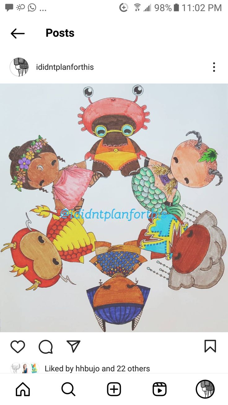 the image is a whimsical, handdrawn illustration featuring a circle of fantasy creatures or characters. among them is what appears to be a stylized version of the character moana, along with a crab wearing glasses, and other fantastical beings. the drawing is done with colored pencils, giving it a vibrant and playful aesthetic. the overall impression is that of a unique and imaginative fantasy art piece.