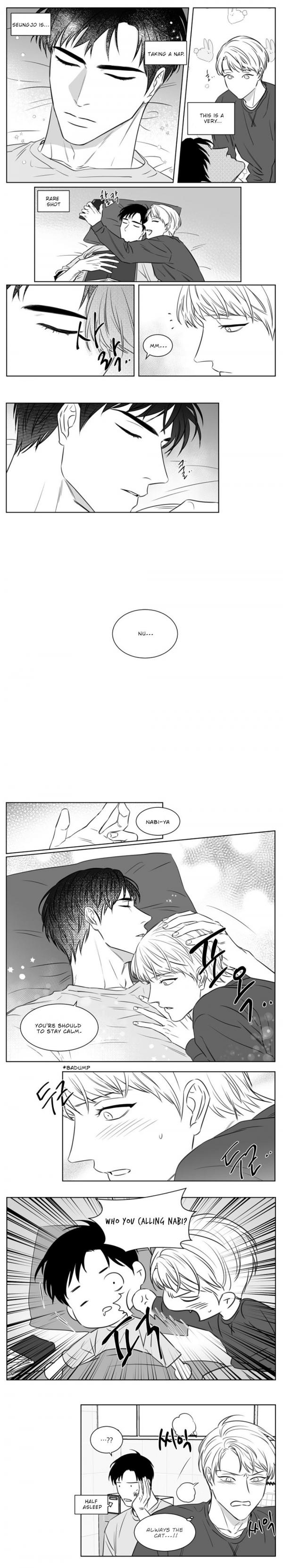 he image is a series of black and white manga panels depicting a romantic relationship between two young men.  the panels show various scenes of intimacy, including sleeping together, cuddling, and close physical contact.  the style is characteristic of manhwa or yaoi manga, focusing on emotional and romantic themes between the male characters. the artwork is detailed and expressive, conveying emotion through facial expressions and body language.  the panels are arranged vertically, creating a narrative sequence.