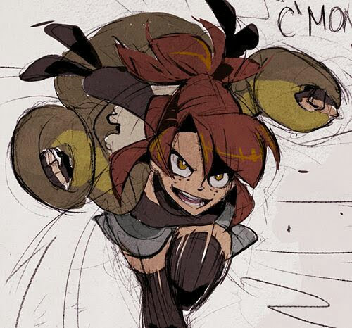 a drawing of an anime girl with red hair, a yellow and brown outfit, and a large yellow claw in her hand. she has a menacing grin and is in a fighting stance. the image is in a manga style with a lot of detail.