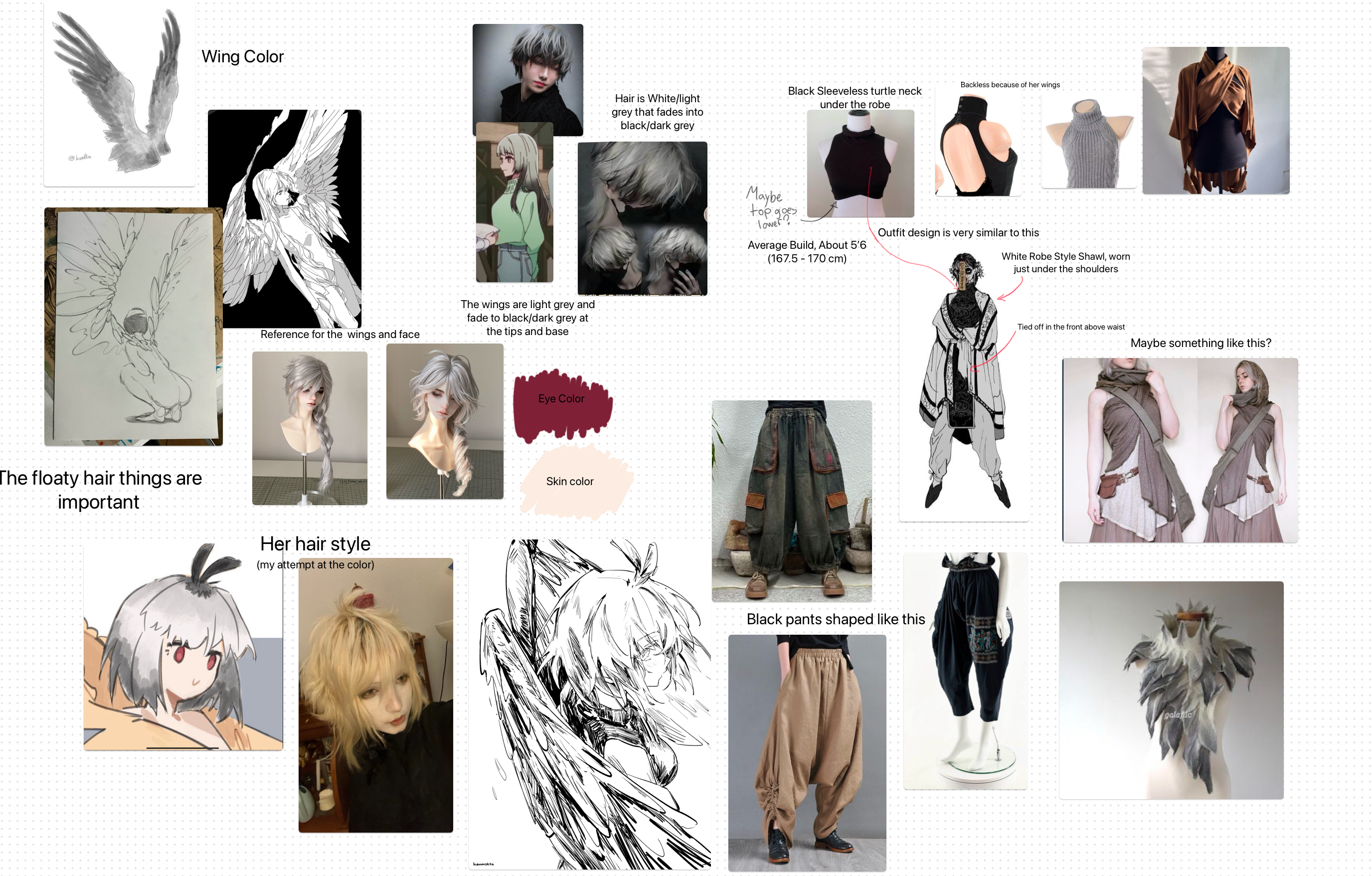 he image is a comprehensive mood board or design document, likely created by a fashion designer or artist, for a character concept.  it’s filled with various reference images and design elements to guide the creation of a fantasyinspired outfit and character.  the board is organized, showcasing different aspects of the character's design: hair:  includes references for various hairstyles and color schemes (white, light grey transitioning to dark grey).  there's an attempt at recreating the intended hair color. wings: shows sketches and drawings depicting different perspectives and detailing of large, feathery wings that are light grey fading into dark grey. outfit: features a collection of clothing items serving as inspiration, including examples of loose, flowy pants, a sleeveless turtleneck, a shawllike garment, and various layering techniques. the intended style leans towards an avantgarde or ethereal aesthetic.  specific details about desired style, build (height) and fit are included. color palette:  includes samples of the chosen eye color and skin tone. overall style: the mood board conveys a desire for a character with flowing hair, large feathery wings, and clothing that emphasizes movement and a mystical or fantasyinspired look.the mood board blends sketches, photographs, and descriptions to clearly communicate the desired visual direction for the character and outfit design.