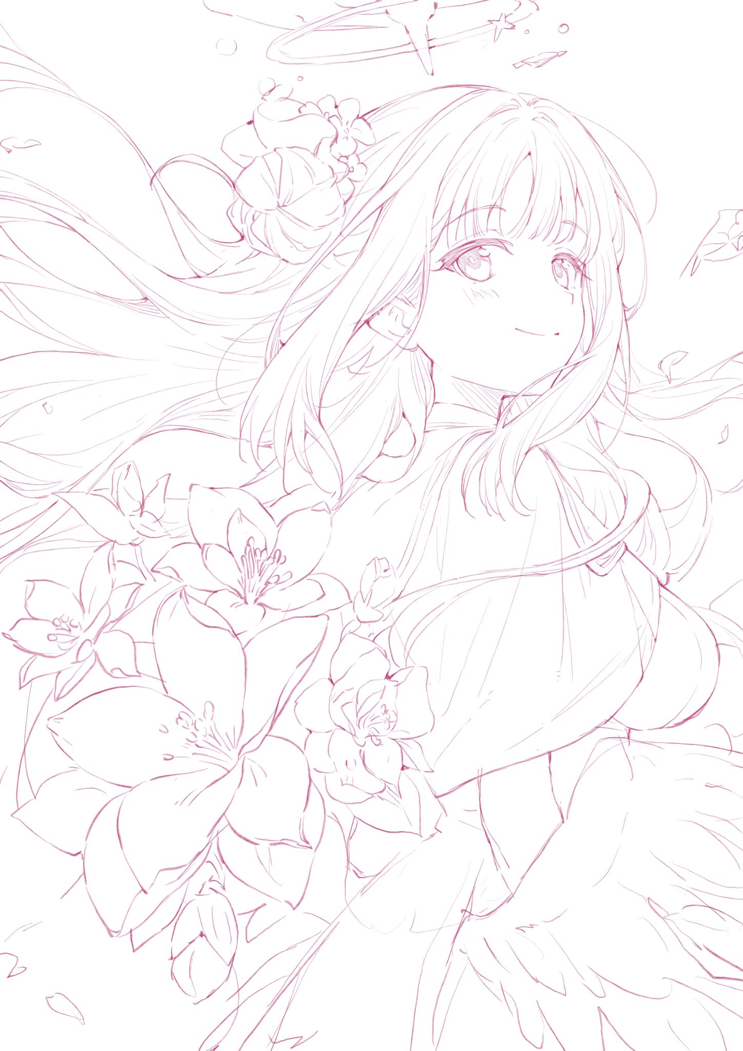 he image is a line drawing of an animestyle girl with long hair and wings. she is surrounded by flowers, and has a halo above her head. the style is delicate and ethereal, with a focus on soft lines and shading. the overall impression is one of beauty and grace.