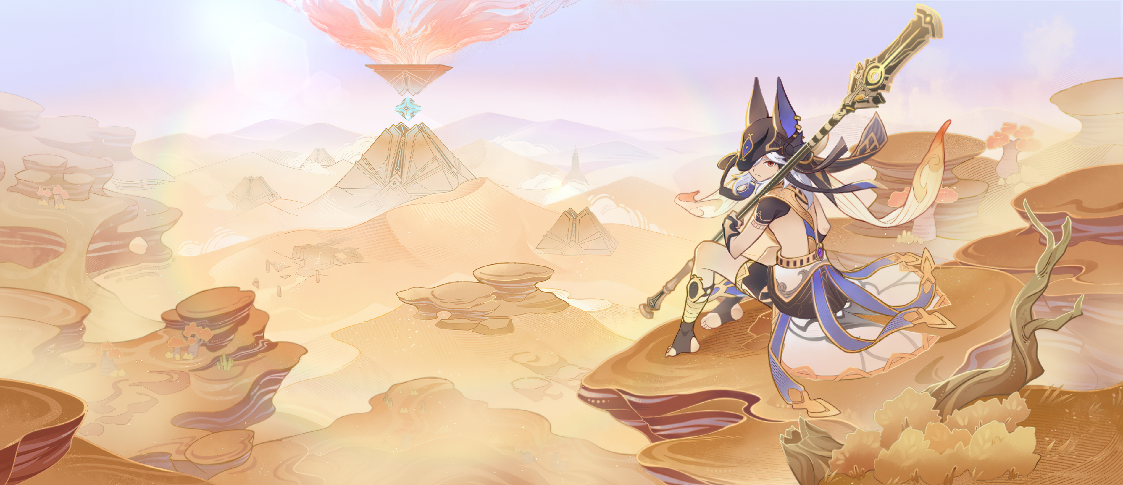 the image depicts an anime girl in a desert landscape. she is dressed in a black and gold outfit, with a blue sash and a white head covering. she is holding a staff in her hand, which is adorned with gold and blue accents. the background features a vast, sandy desert, with tall dunes and rocky formations. the sky is a light blue color with a few wispy clouds. the sun is shining brightly, casting long shadows across the landscape. the girl is looking forward with a relaxed and peaceful expression. the overall atmosphere is serene and magical.
