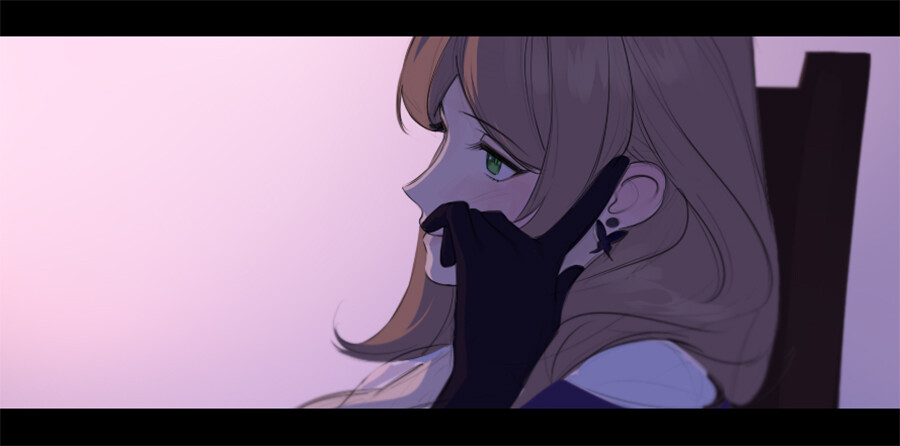 the image shows a young woman with long brown hair and green eyes, her expression a mixture of shyness and sadness. she's covering her mouth with her gloved hand, as if holding back a gasp or a sob. the soft lighting and closeup perspective emphasize her emotional state, while the limited background keeps the focus solely on her.