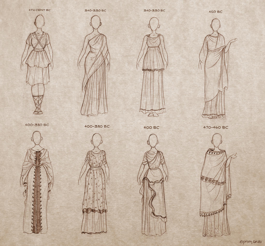 the image presents a series of line drawings depicting women's clothing styles from ancient greece, spanning various periods from the 4th century bc to the 5th century bc. each drawing showcases a different garment or style, meticulously detailed to reflect the historical accuracy of the period. the illustrations are rendered in sepia tones on a textured background, suggesting an antique or historical aesthetic.  each drawing is labeled with the corresponding time period in bc. the drawings show variations in dress styles and draping techniques suggesting a chronological evolution or regional differences in ancient greek fashion. the style of the drawings is consistent, giving a unified look to the collection of illustrations. the artist's signature is present in the bottom right corner.