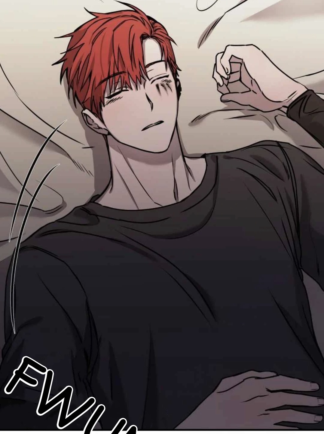 the image is a closeup illustration from a manhwa (korean comic) or a similar style of graphic novel.  it depicts a young man with bright red hair lying on his side in bed. he appears to be asleep or resting. he's wearing a darkcolored, crewneck shirt and has noticeable markings or minor injuries under his eye, suggesting some form of conflict or struggle. the art style is characteristic of many east asian comics, with clean lines, expressive eyes, and shading to create depth.  a sound effect ("fwi...") is partially visible in the bottom left corner, typical of visual storytelling in comics.