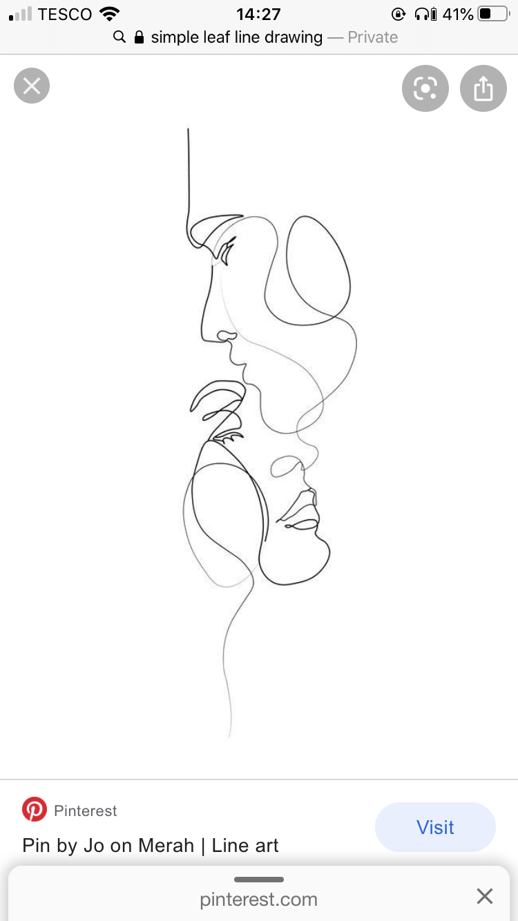 this is a line art illustration of two faces, one facing left and the other right, their noses almost touching, drawn with a single continuous line in black ink against a white background. ```