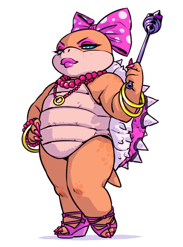 the image features a full body cartoonstyle drawing of wendy o. koopa, a female video game character with a turtle shell. she wears a pink bow with white polka dots, pink makeup, jewelry, and pink high heels. she is holding a staff.
