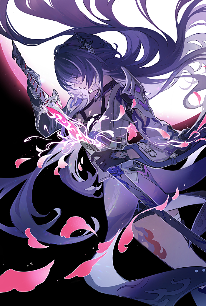the image is a drawing of a woman with long black hair in an action pose, wielding a sword wreathed in pink flames.  she is surrounded by falling flower petals and stands before a stylized crescent moon.  the color palette is dark with accents of pink and purple.