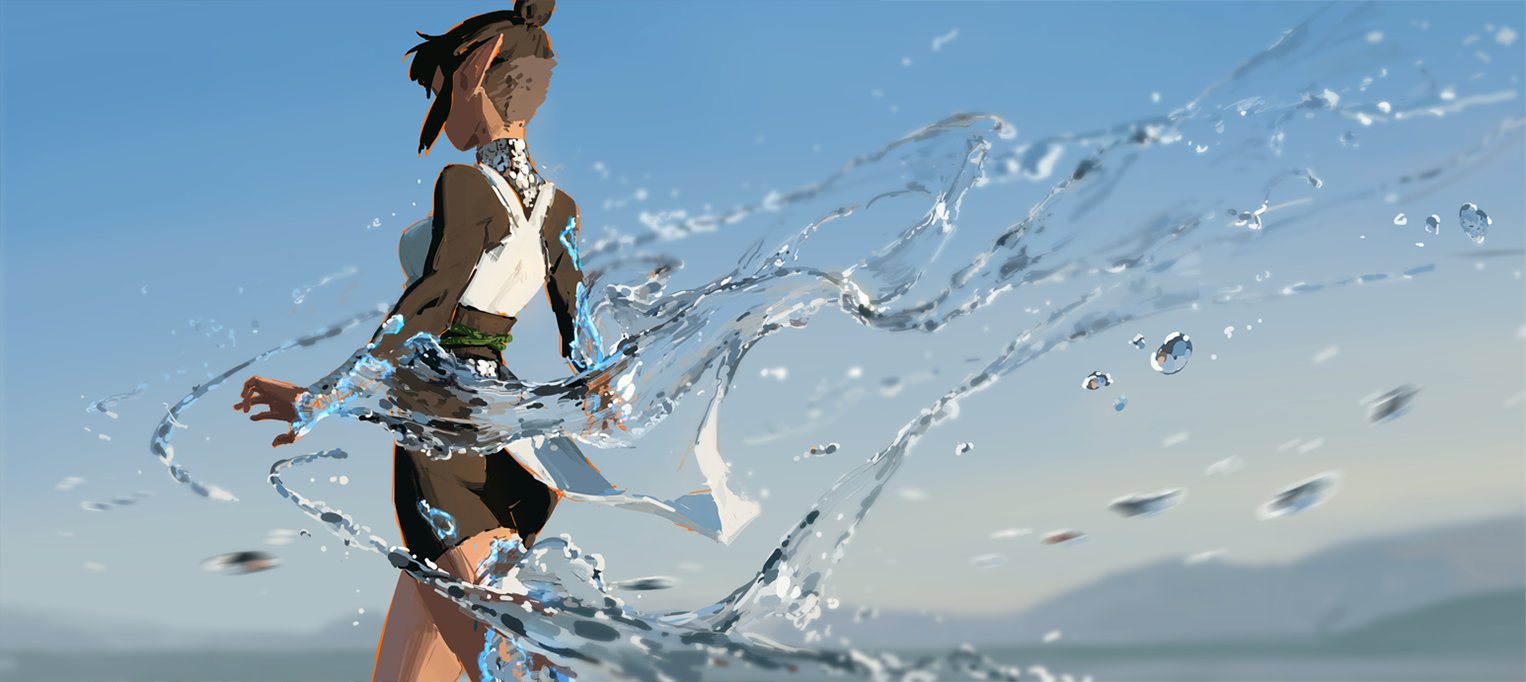 the image is a stylized digital painting or illustration depicting a young woman, possibly an anime character, who appears to be connected to or manipulating water. she's dressed in a loose, flowing garment in shades of brown and white,  and streams of water encircle her, extending and flowing dynamically around her body. the water is depicted with a sense of motion and lightness, almost ethereal. the background shows a peaceful, hazy landscape of sky and distant land, suggesting a beach or coastal setting. the overall mood is serene and magical, conveying a sense of power and connection to nature.  the artistic style is fluid and painterly, not heavily detailed but impactful in its rendering of form and movement.