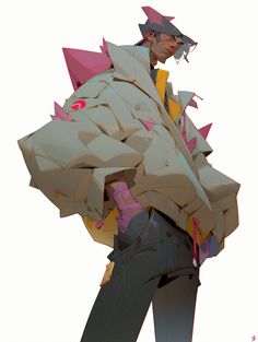 a digital illustration of a stylish man standing against a white background. the man is wearing a large, sculpted jacket with pink accents. the artwork has a futuristic and fashionable aesthetic, potentially inspired by cyberpunk themes. the use of studio lighting emphasizes the character's silhouette and the textures of the clothing.