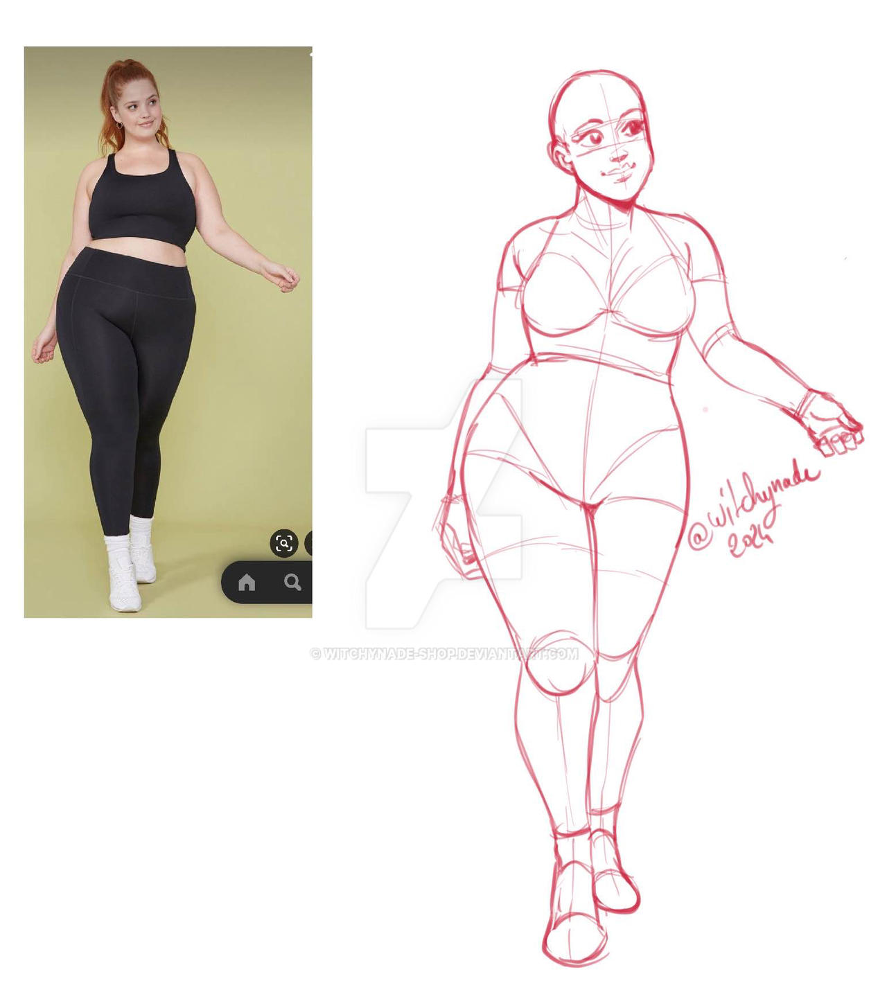 the image is a digital artwork showing a comparison between a photograph of a plussize woman wearing athletic wear (leggings and a sports bra) and a stylized, cartoonish line drawing of that same pose.  the photograph is on the left and is a realistic representation of a woman, and the drawing on the right is a redtoned sketch which simplifies the form while retaining the body's proportions and pose. the style of the drawing suggests character design or concept art.  the drawing also has the artist's signature.