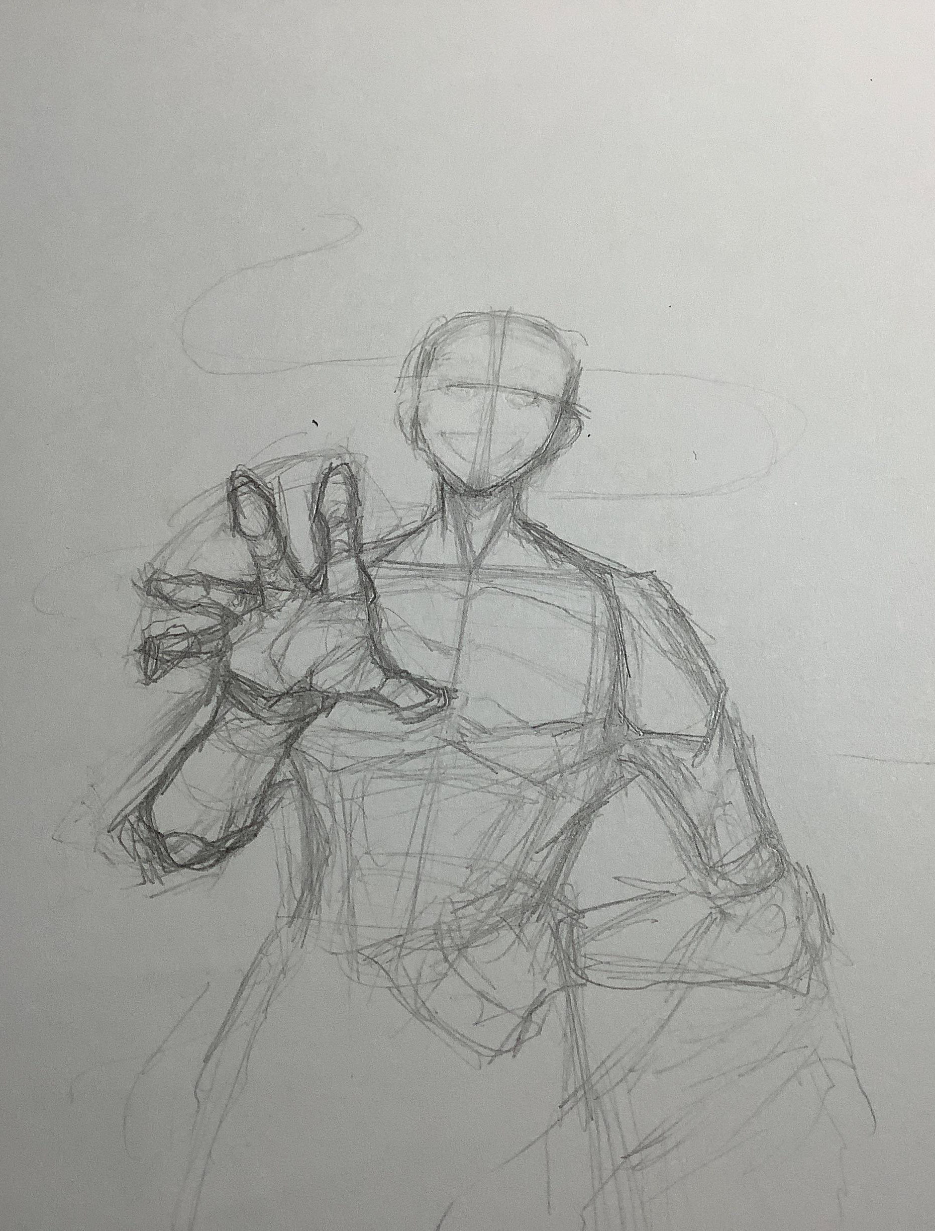 this is a pencil sketch of a human figure in a dynamic pose. it appears to be a gesture drawing, focusing on capturing the movement and flow of the figure rather than detailed realism. the drawing is done in a loose and expressive style, with emphasis on the outline and gesture lines. the figure is depicted with one hand reaching out, while the other is hidden. the sketch is done on a white paper with a simple, almost abstract quality to it.