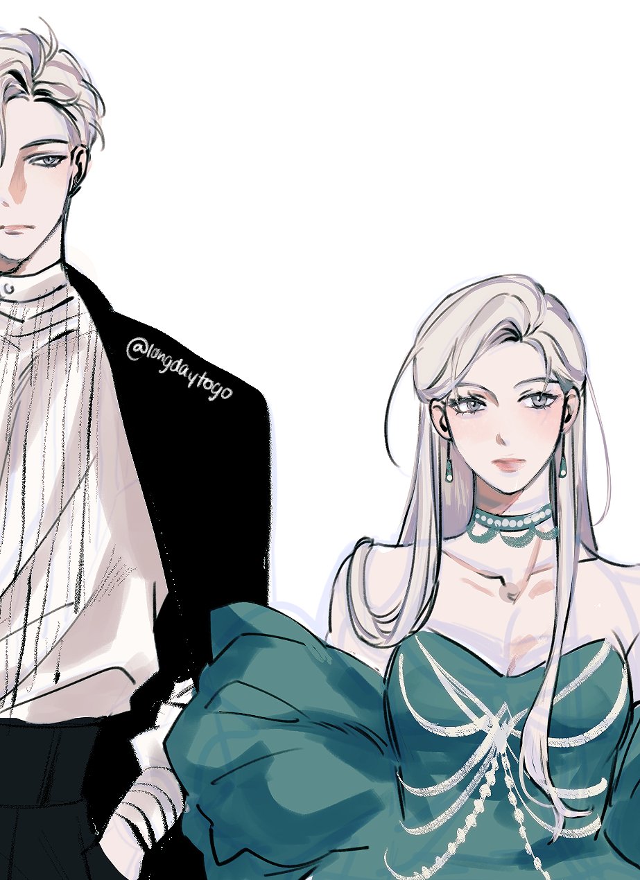 the image is a digital drawing or illustration of an animestyle couple. the man is on the left, wearing a black tuxedo over a white dress shirt. his hair is light gray/blonde and he has a calm expression.  the woman is on the right, wearing a teal gown with a sweetheart neckline and intricate beading. her hair is long and white/silver. she has a gentle expression and is adorned with elegant jewelry. the style is clean, soft, and somewhat romantic. the artist's watermark (@longdaytogo) is subtly placed on the man's shoulder. the overall mood is sophisticated and elegant.