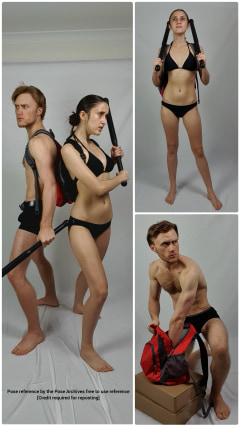 the image is a collage of reference photos featuring a man and a woman in various action poses. they are both carrying backpacks and holding batons, suggesting a scenario involving combat or selfdefense. the backdrop is a plain white studio setting, emphasizing the poses and figures. the lighting is artificial and bright, highlighting the details of their physique and movements.