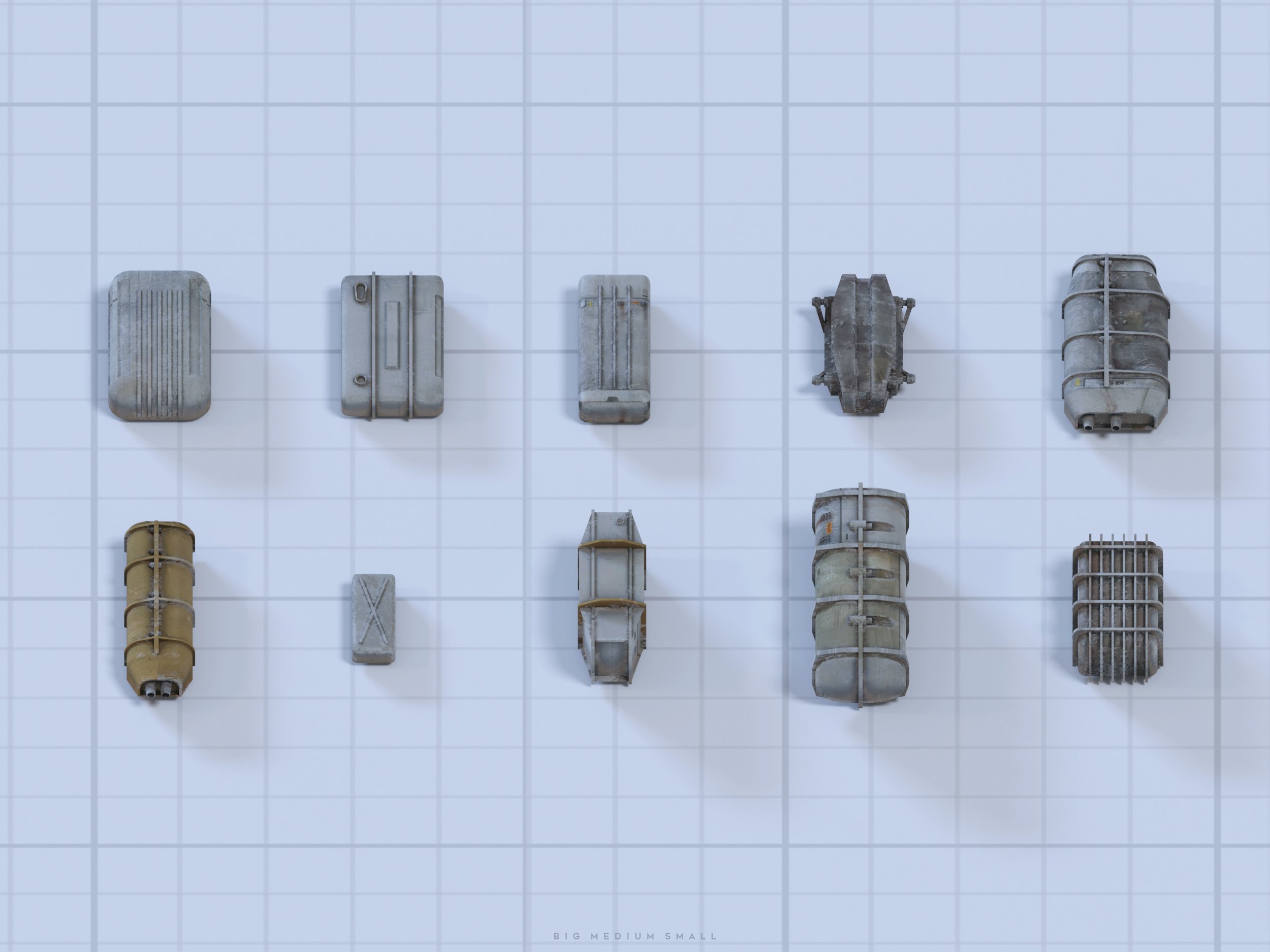 the image showcases a 3d rendering of ten different metallic industrial containers or boxes, arranged on a grid background.  they vary in size and shape, with some rectangular, others cylindrical. the textures are metallic with a weathered or grunge look, giving them a used and worn appearance. the containers are labeled “big, medium, small” at the bottom, indicating a size comparison. the overall style suggests use as model or game assets. the topdown perspective and clean background highlight the details of each object.