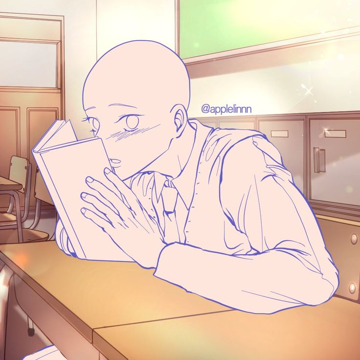 this is a digital lineart drawing of an anime male character sitting at a desk in a classroom, reading a book. he is blushing and looking down at the book. he is wearing a collared shirt and vest. the image has a soft, pastel color scheme and is drawn in a cute,  manga style. the character is drawn in a slightly exaggerated style, with large eyes and a soft facial expression.