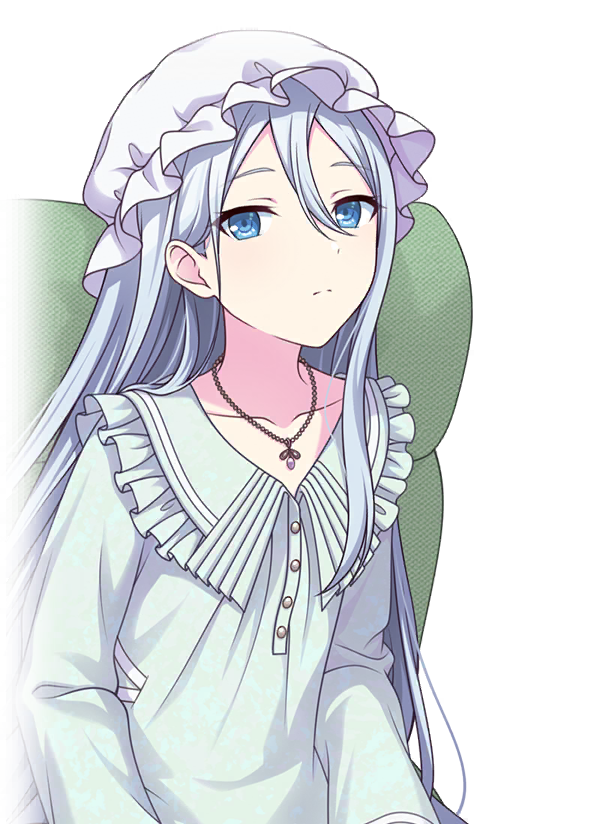 a portrait of an anime girl with long white hair and blue eyes, wearing a white nightcap and a white ruffled collar shirt with buttons and a necklace. she is seated in a chair.