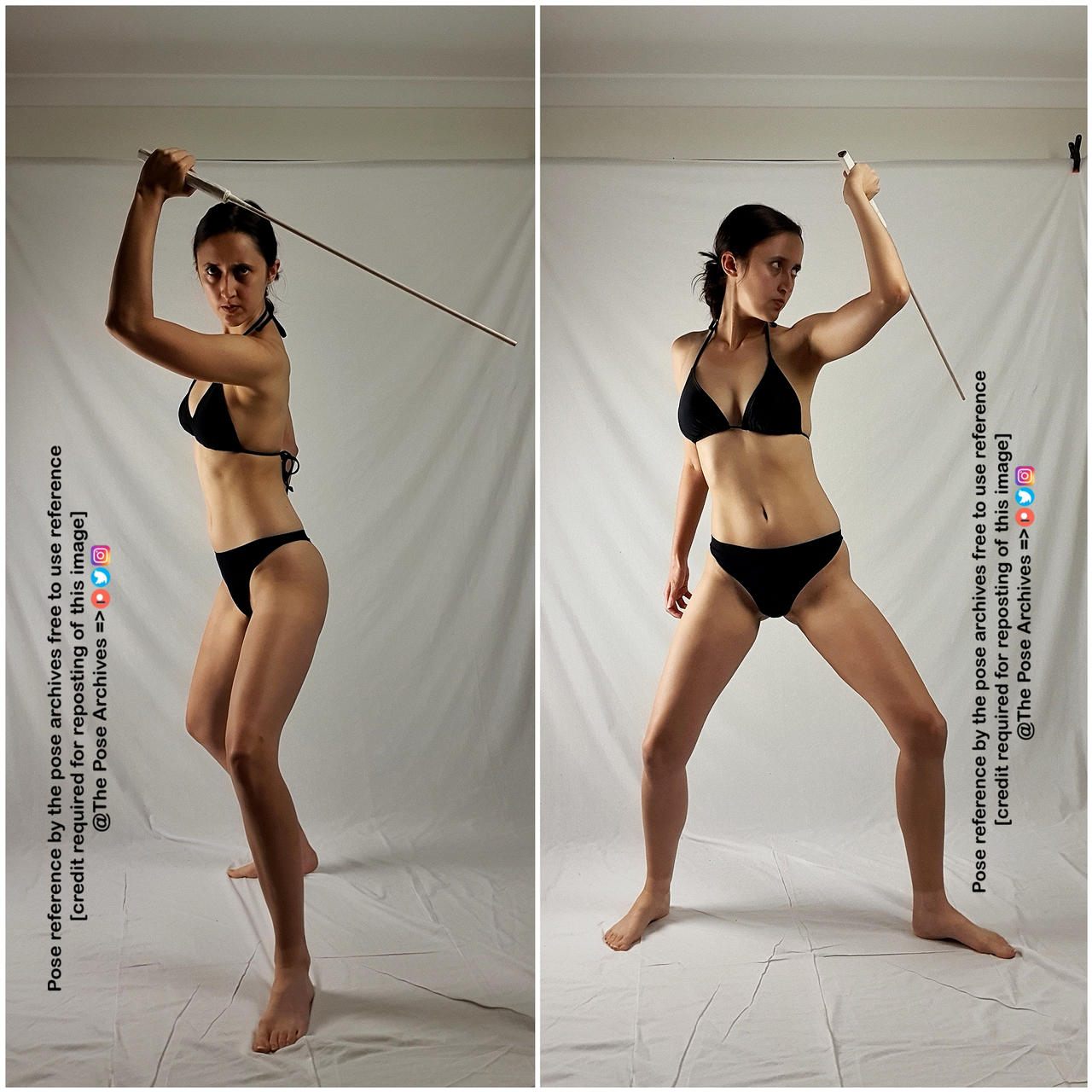 two images of the same woman in a fighting pose with a sword in her right hand. she is wearing a black bikini. the image is a reference for artists.